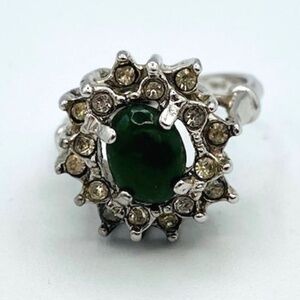 Floral Green Center Stone Rhinestone Silver Ring Jewelry Size 7